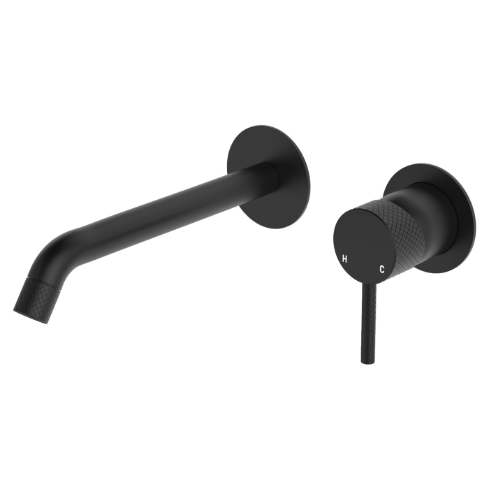 fienza Axle Wall Basin/Bath Mixer Set Round Plates 200mm Outlet Matte Black