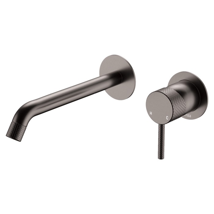 fienza Axle Wall Basin/Bath Mixer Set Round Plates 200mm Outlet Gun Metal