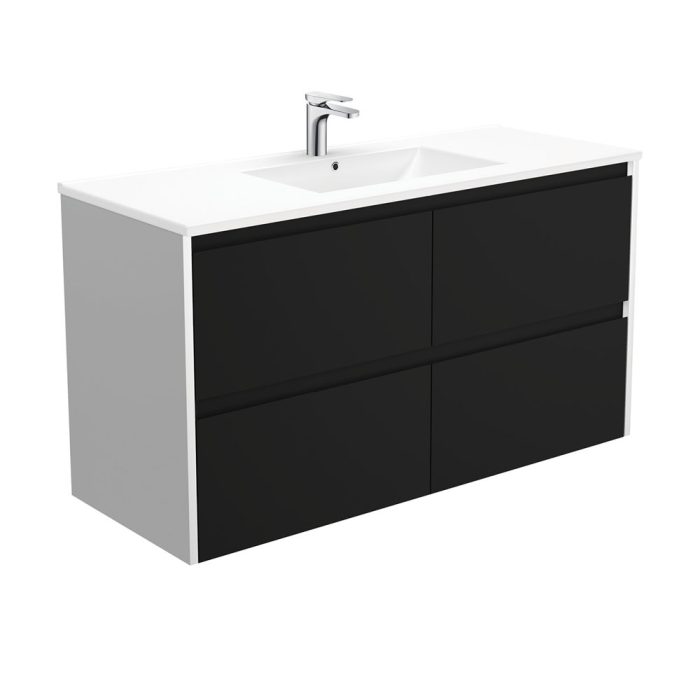 fienza Dolce Amato 1200 Satin Black Wall-Hung Vanity Satin White Panels