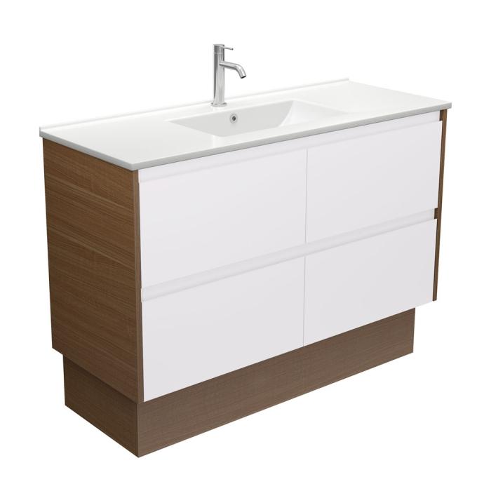 fienza Dolce Amato 1200 Satin White Vanity on Kick Walnut Panels
