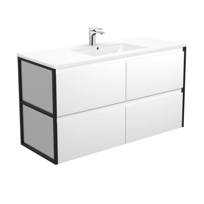 fienza Dolce Amato 1200 Satin White Wall-Hung Vanity Matte Black Frames