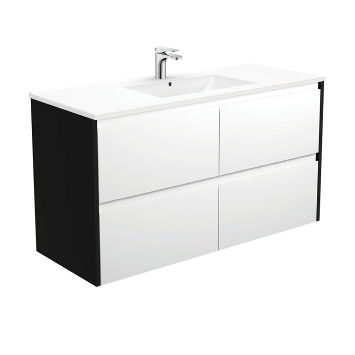 fienza Dolce Amato 1200 Satin White Wall-Hung Vanity Satin Black Panels