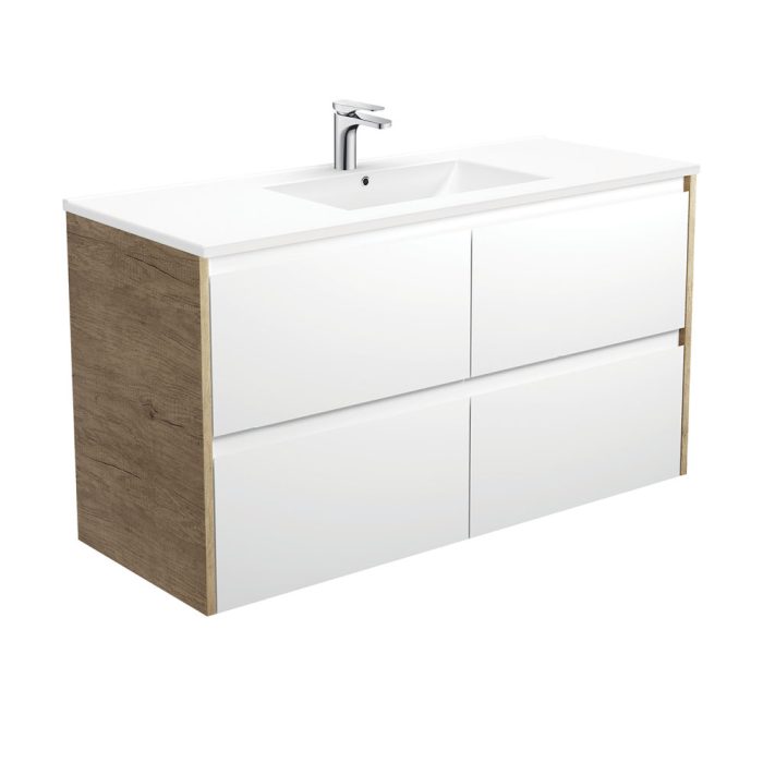 fienza Dolce Amato 1200 Satin White Wall-Hung Vanity Scandi Oak Panels