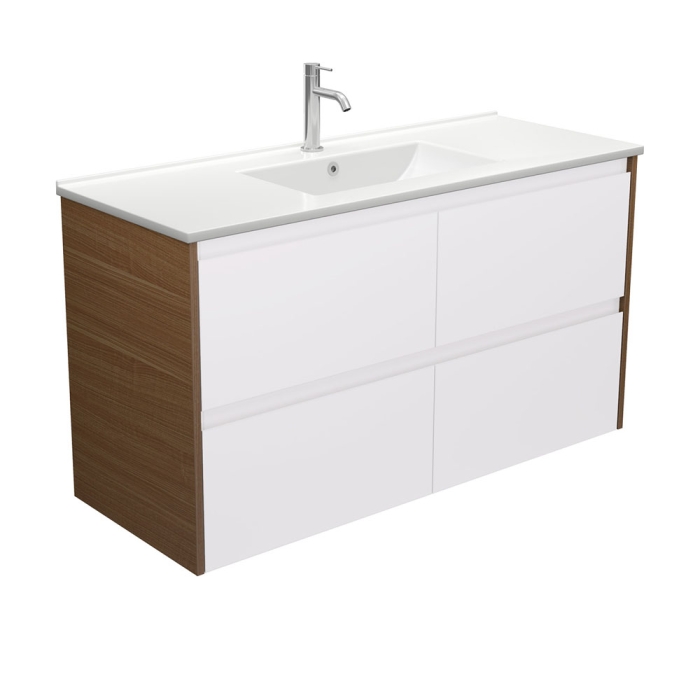 fienza Dolce Amato 1200 Satin White Wall Hung Vanity Walnut Panels