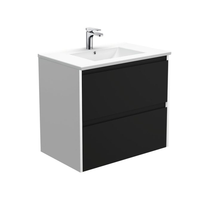 fienza Dolce Amato 750 Satin Black Wall-Hung Vanity Satin White Panels