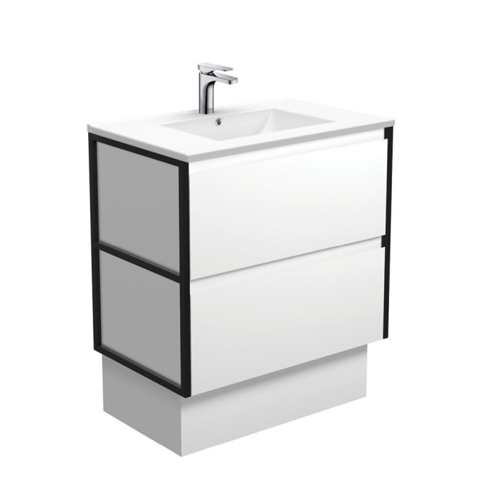 fienza Dolce Amato 750 Satin White Vanity On Kick Matte Black Frames
