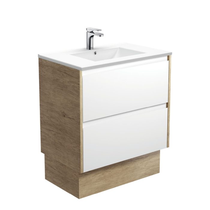 fienza Dolce Amato 750 Satin White Vanity On Kick Scandi Oak Panels