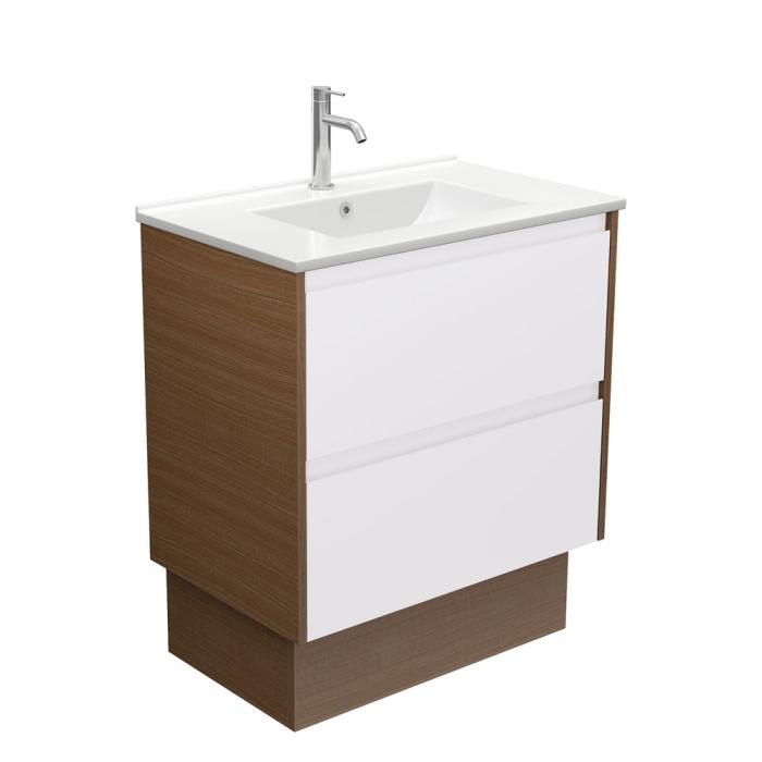 fienza Dolce Amato 750 Satin White Vanity on Kick Walnut Panels