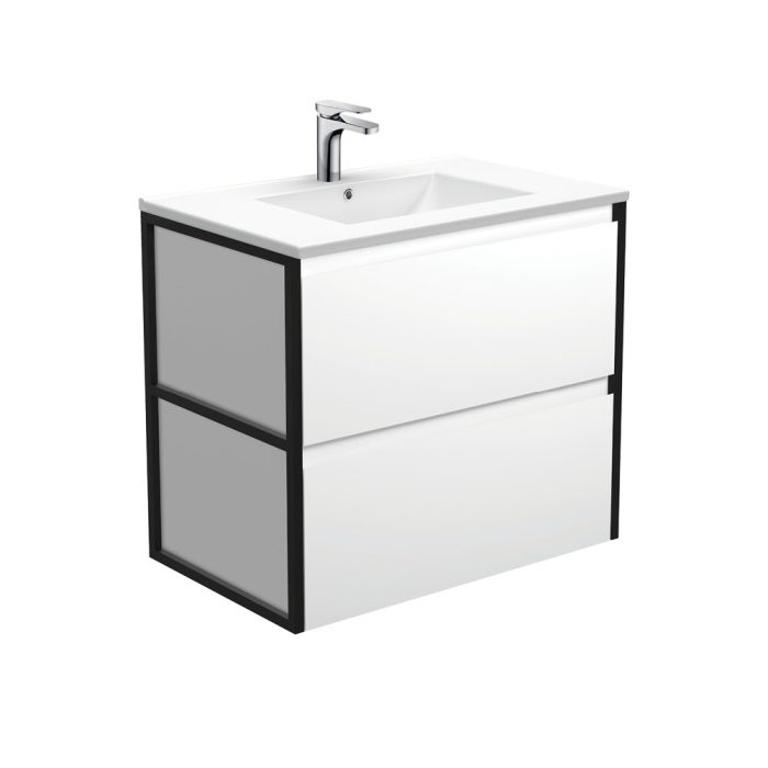 fienza Dolce Amato 750 Satin White Wall-Hung Vanity Matte Black Frames