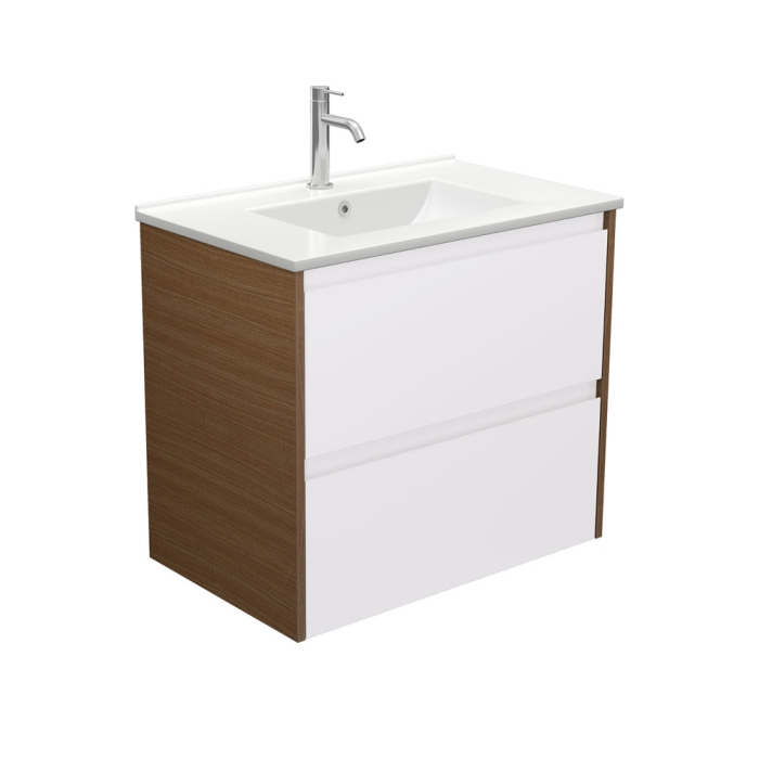 fienza Dolce Amato 750 Satin White Wall Hung Vanity Walnut Panels