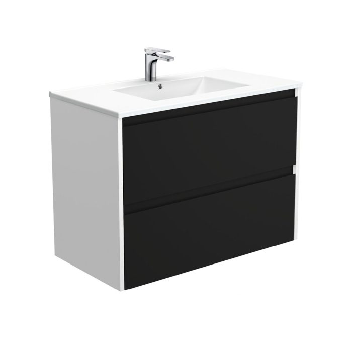 fienza Dolce Amato 900 Satin Black Wall-Hung Vanity Satin White Panels