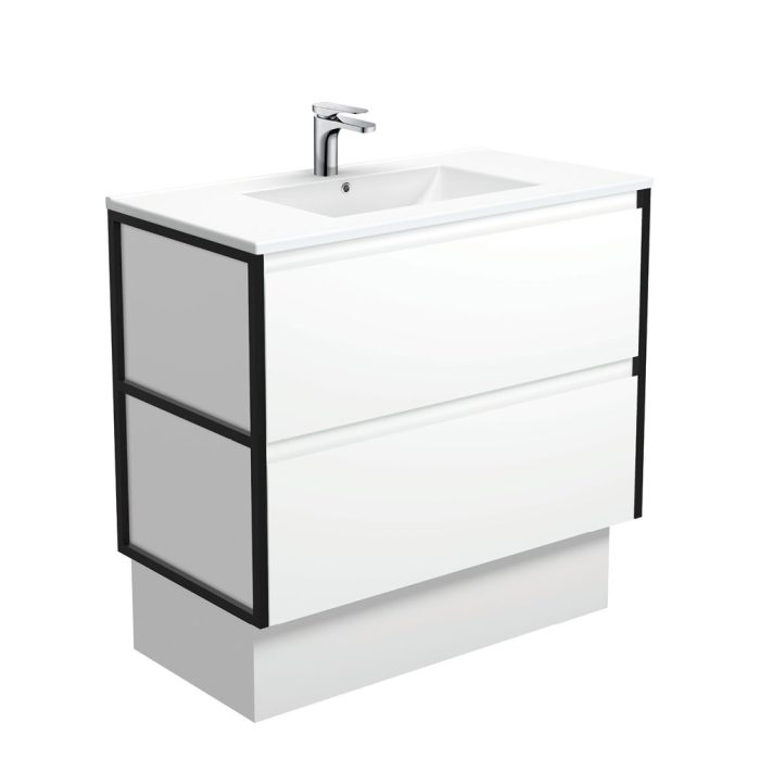 fienza Dolce Amato 900 Satin White Vanity On Kick Matte Black Frames