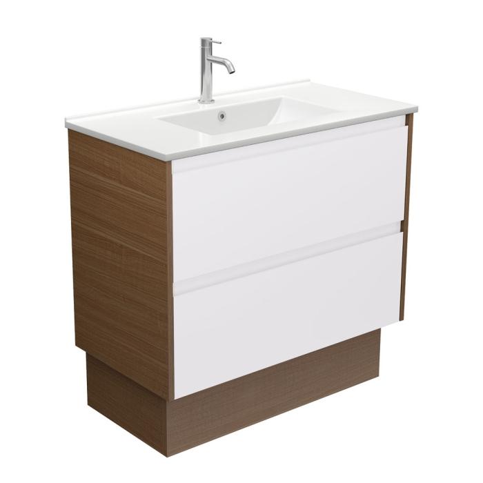 fienza Dolce Amato 900 Satin White Vanity on Kick Walnut Panels