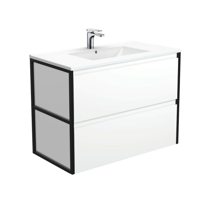 fienza Dolce Amato 900 Satin White Wall-Hung Vanity Matte Black Frames
