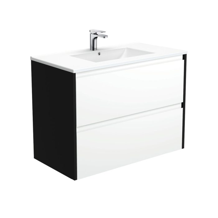 fienza Dolce Amato 900 Satin White Wall-Hung Vanity Satin Black Panels