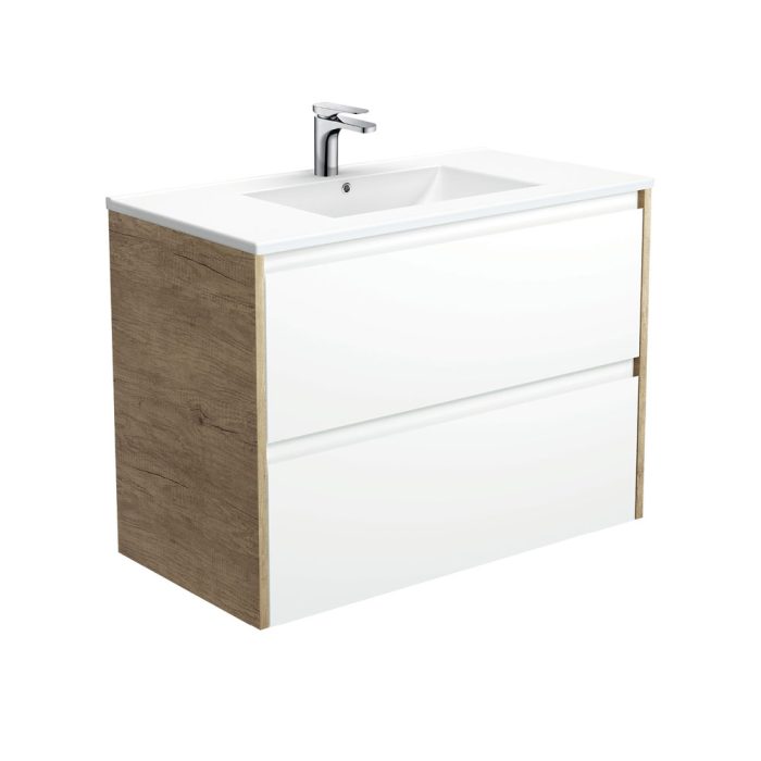 fienza Dolce Amato 900 Satin White Wall-Hung Vanity Scandi Oak Panels