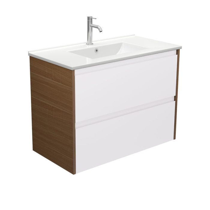 fienza Dolce Amato 900 Satin White Wall Hung Vanity Walnut Panels