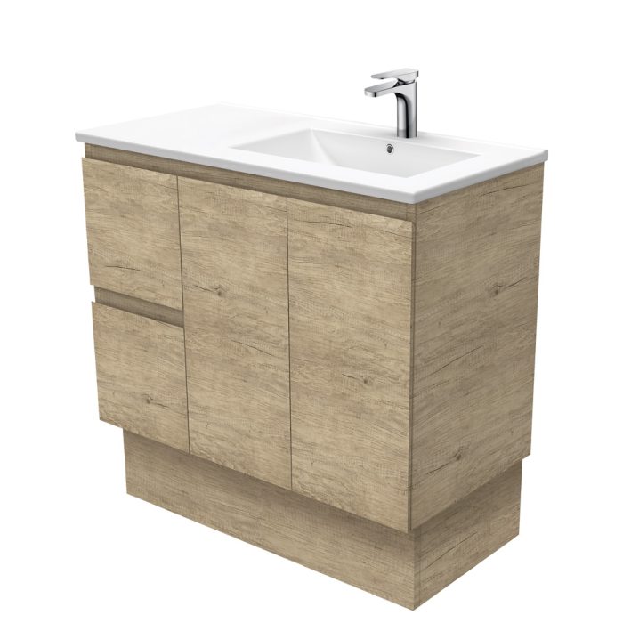 fienza Dolce Edge Scandi Oak 900 Offset Vanity on Kickboard Right Basin
