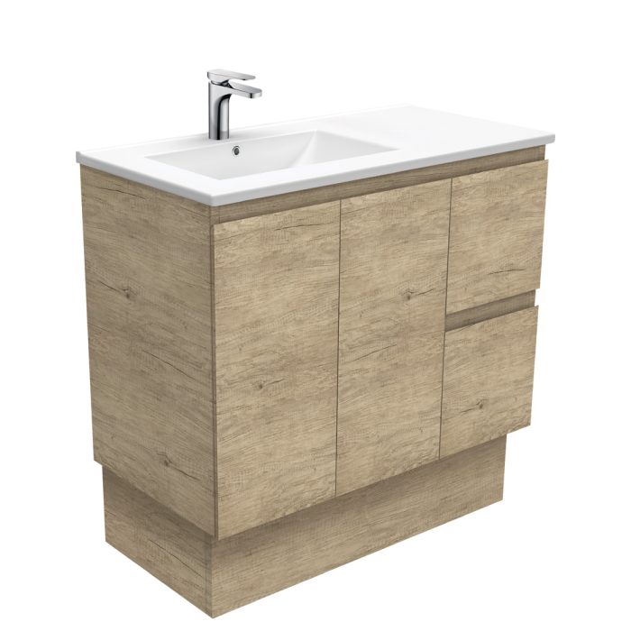 fienza Dolce Edge Scandi Oak 900 Offset Vanity on Kickboard Left Basin
