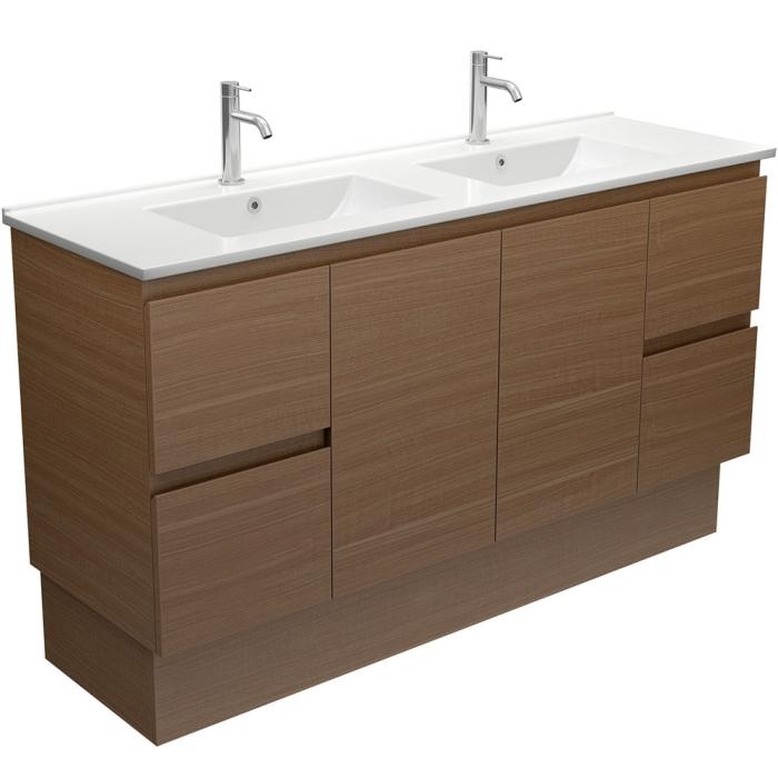fienza Dolce Edge Walnut 1500 Double Bowl Vanity on Kickboard