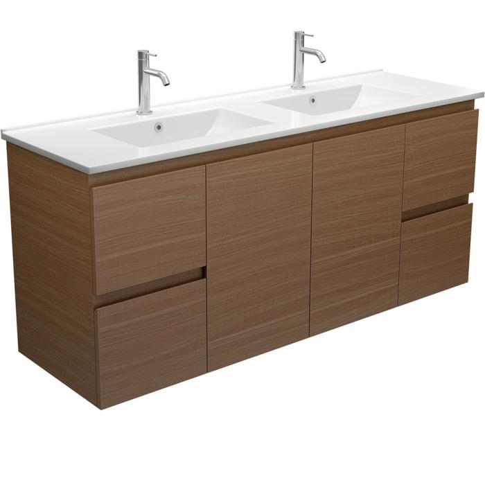 fienza Dolce Edge Walnut 1500 Double Bowl Wall-Hung Vanity