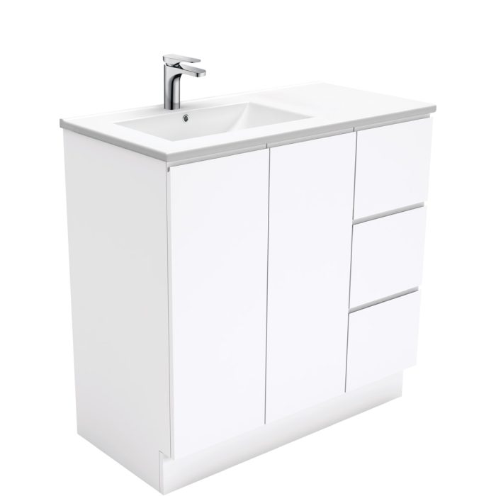 fienza Dolce Fingerpull Gloss White 900 Offset Vanity on Kickboard Left Basin