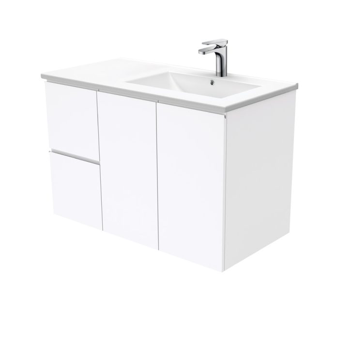 fienza Dolce Fingerpull Gloss White 900 Offset Wall-Hung Vanity Right Basin