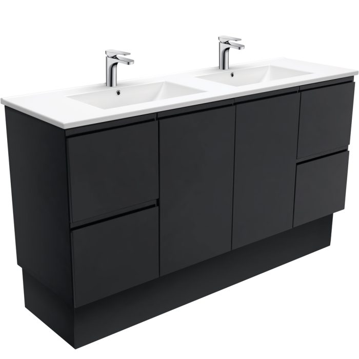 fienza Dolce Fingerpull Satin Black 1500 Double Bowl Vanity On Kickboard