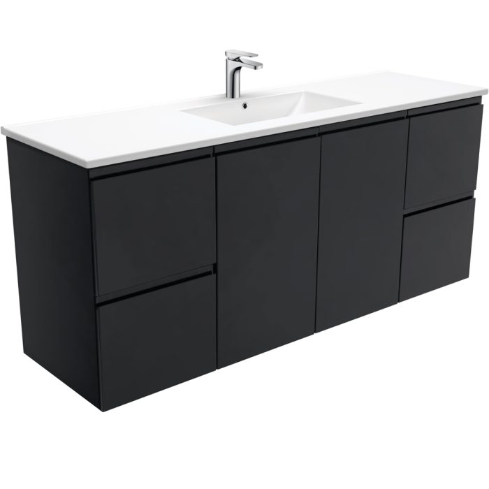 fienza Dolce Fingerpull Satin Black 1500 Single Bowl Wall-Hung Vanity