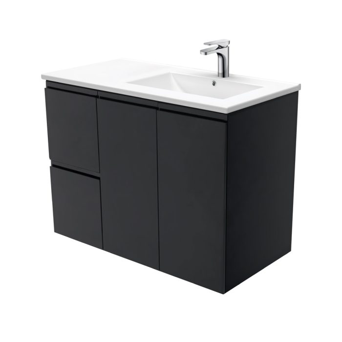 fienza Dolce Fingerpull Satin Black 900 Offset Wall-Hung Vanity Right Basin