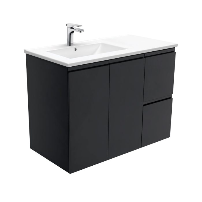 fienza Dolce Fingerpull Satin Black 900 Offset Wall-Hung Vanity Left Basin