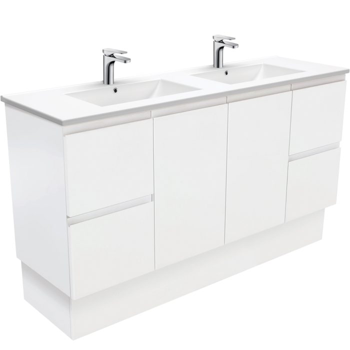 fienza Dolce Fingerpull Satin White 1500 Double Bowl Vanity On Kickboard