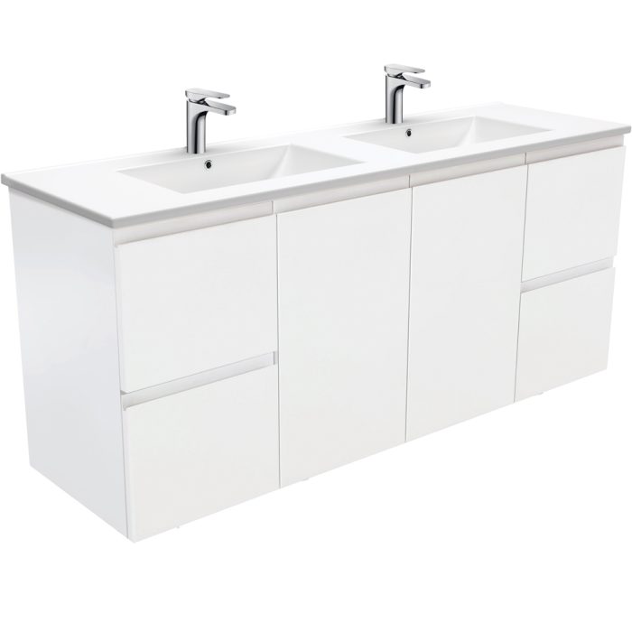 fienza Dolce Fingerpull Satin White 1500 Double Bowl Wall-Hung Vanity