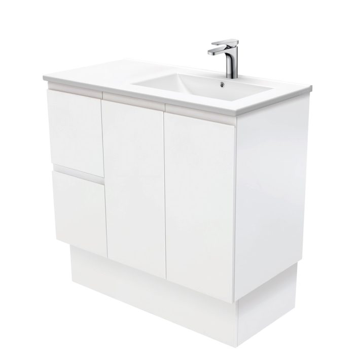 fienza Dolce Fingerpull Satin White 900 Offset Vanity on Kickboard Right Basin