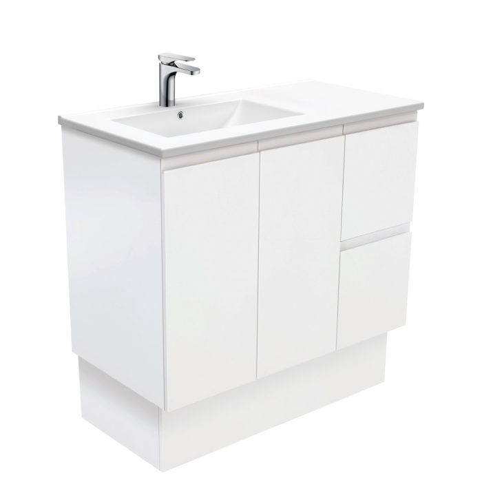fienza Dolce Fingerpull Satin White 900 Offset Vanity on Kickboard Left Basin