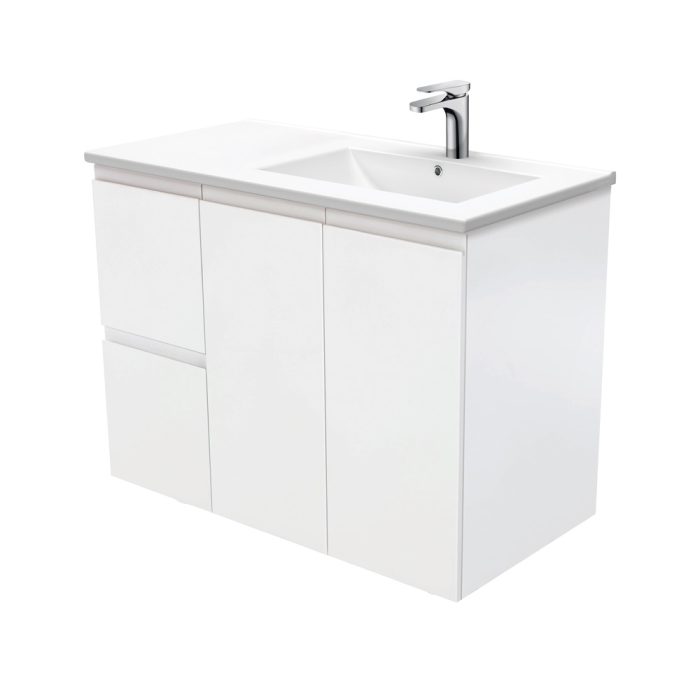 fienza Dolce Fingerpull Satin White 900 Offset Wall-Hung Vanity Right Basin