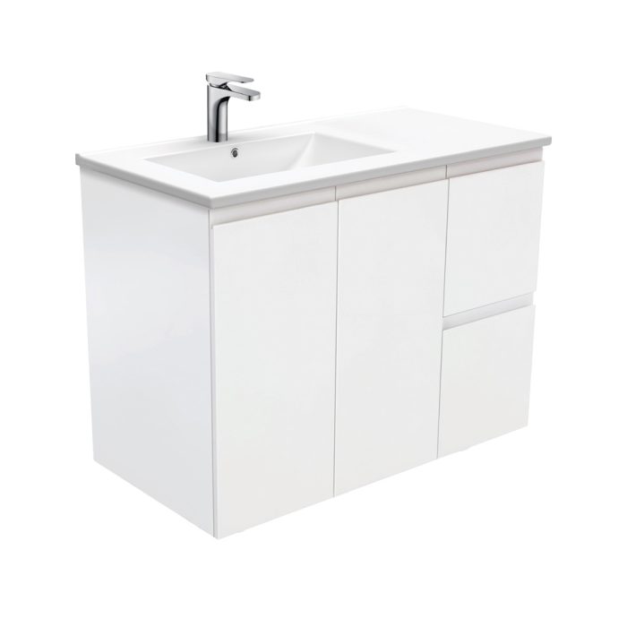 fienza Dolce Fingerpull Satin White 900 Offset Wall-Hung Vanity Left Basin