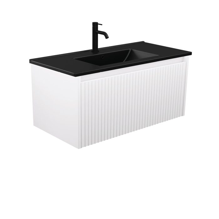 Fienza Dolce Matte Black Alina Satin White 900 Wall-Hung Vanity