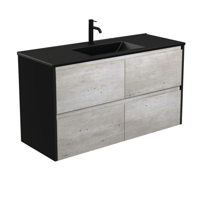 fienza Dolce Matte Black Amato 1200 Industrial Wall-Hung Vanity Satin Black Panels