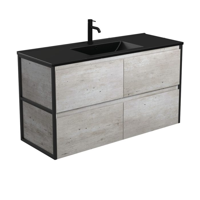 fienza Dolce Matte Black Amato 1200 Industrial Wall-Hung Vanity Matte Black Frames