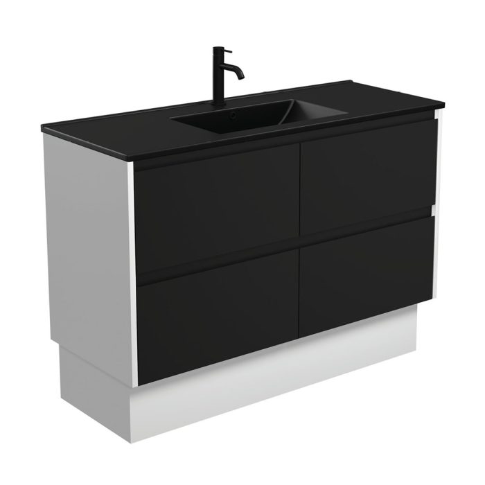 fienza Dolce Matte Black Amato 1200 Satin Black Vanity On Kick Satin White Panels