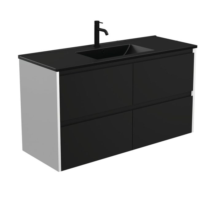 fienza Dolce Matte Black Amato 1200 Satin Black Wall-Hung Vanity Satin White Panels