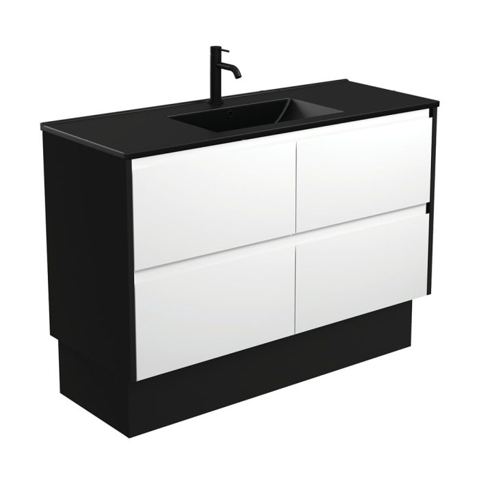 fienza Dolce Matte Black Amato 1200 Satin White Vanity On Kick Satin Black Panels