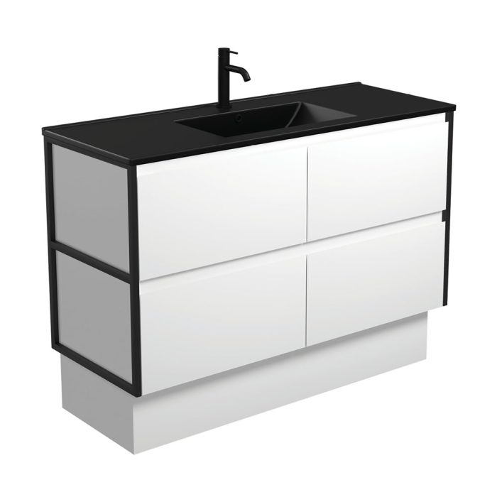 fienza Dolce Matte Black Amato 1200 Satin White Vanity On Kick Matte Black Frames
