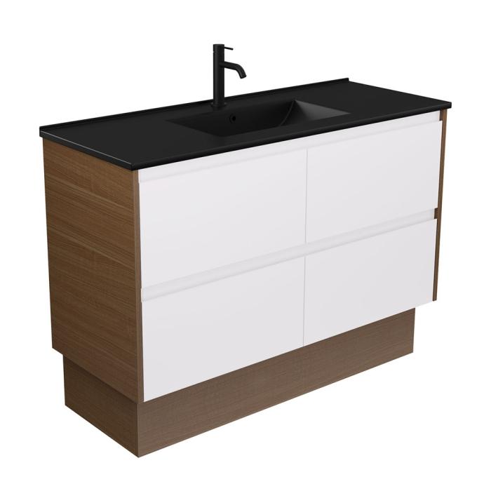 fienza Dolce Matte Black Amato 1200 Satin White Vanity on Kick Walnut Panels
