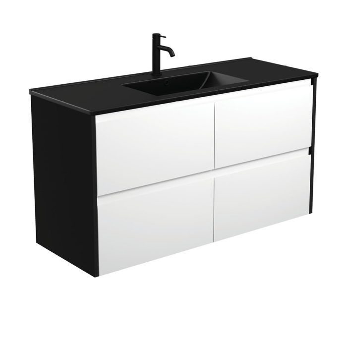 fienza Dolce Matte Black Amato 1200 Satin White Wall-Hung Vanity Satin Black Panels