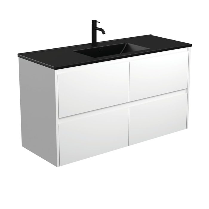 fienza Dolce Matte Black Amato 1200 Satin White Wall-Hung Vanity