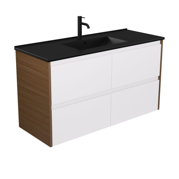 fienza Dolce Matte Black Amato 1200 Satin White Wall Hung Vanity Walnut Panels