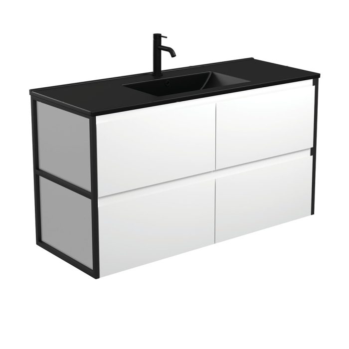fienza Dolce Matte Black Amato 1200 Satin White Wall-Hung Vanity Matte Black Frames