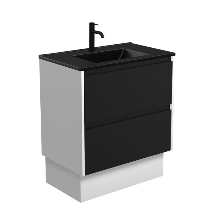 fienza Dolce Matte Black Amato 750 Satin Black Vanity On Kick Satin White Panels